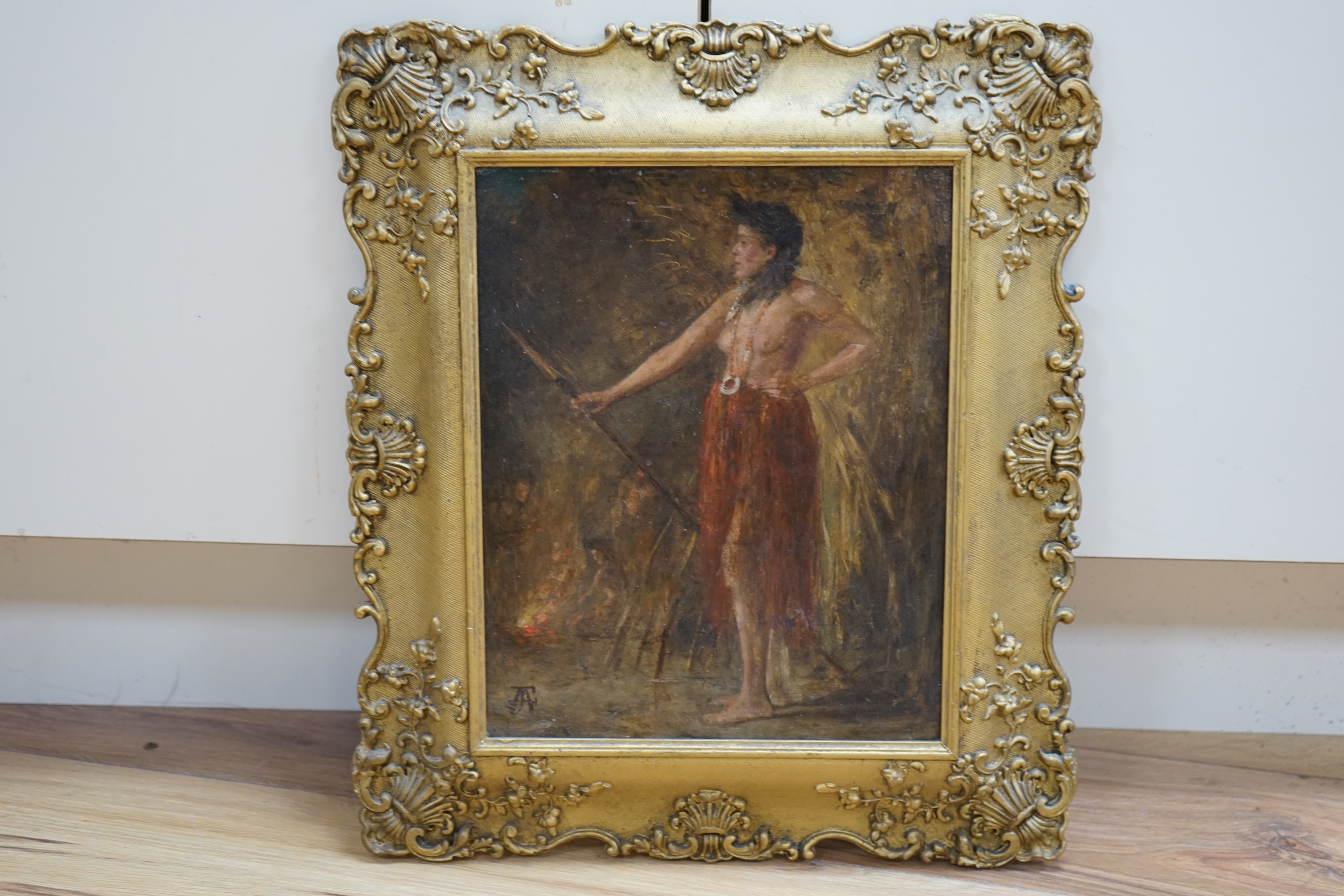 A.J. Foster (Australian?), oil on board, Polynesian female warrior, signed with monogram, 28 x 22.5cm, ornate gilt framed. Condition - fair to good